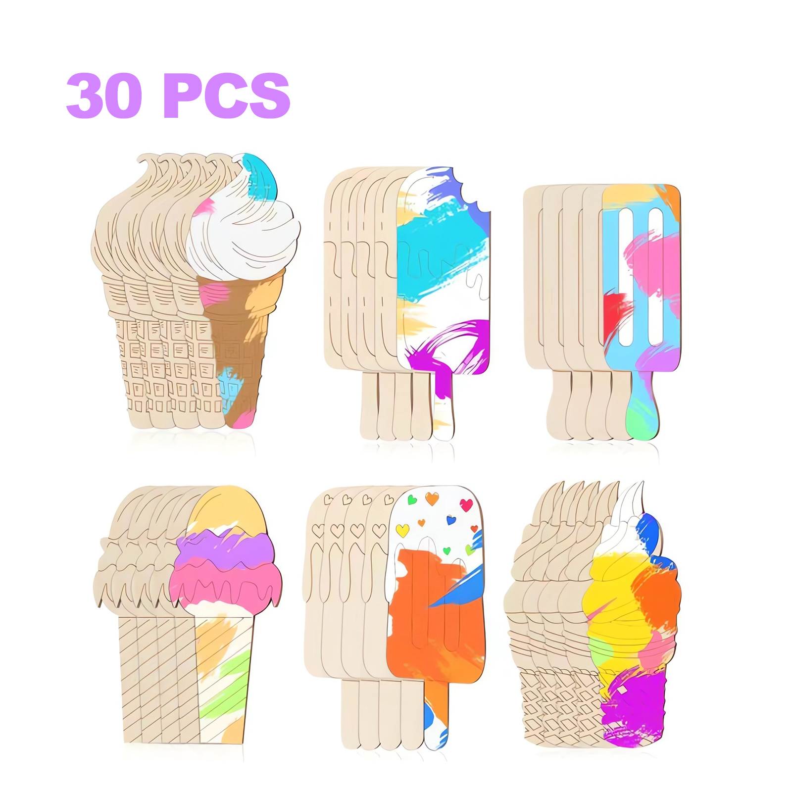 Art Craft Doodle - 6/30pcs Ice Cream Wood Cutouts Summer